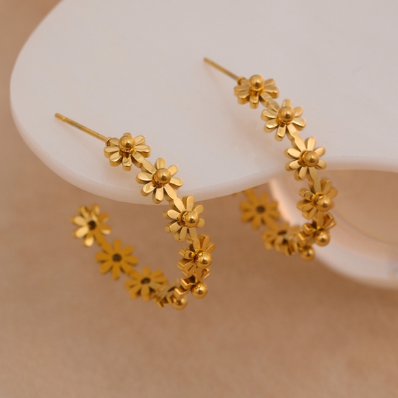 SS Round Flower Hoop Earrings - Picture 3 of 9